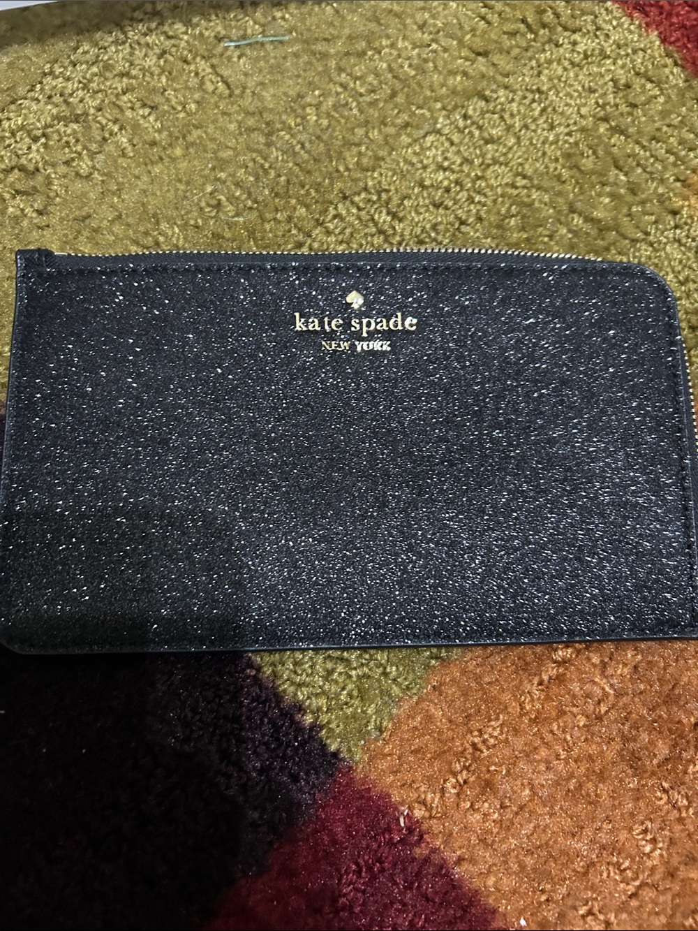 kate spade Black Glitter Zip Wallet with Gold Logo